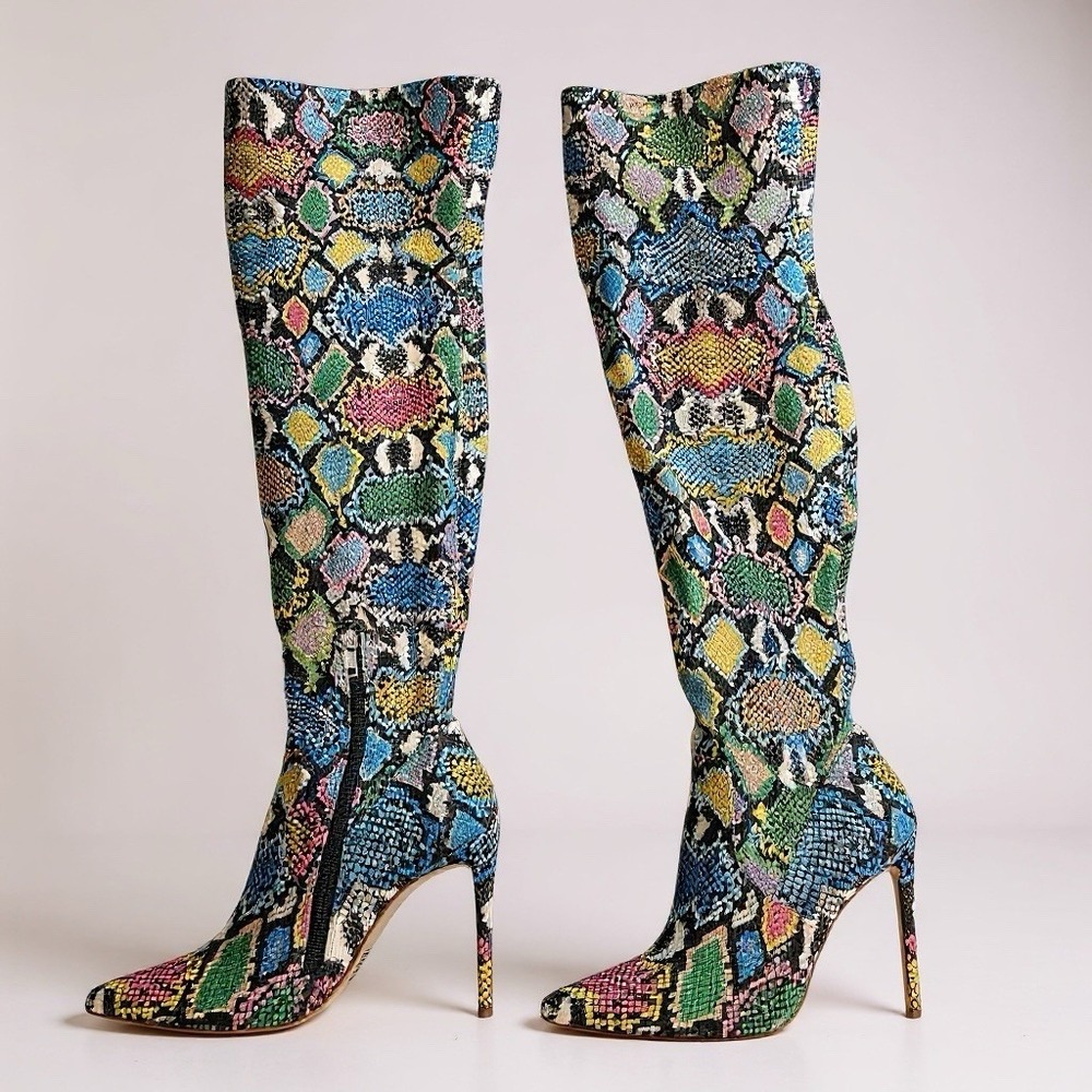 Steve Madden Over the knee boots Multicolor faux snake print pointy toe Size 6
